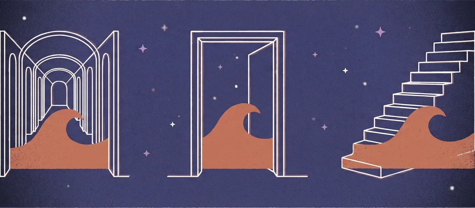 A corridor, a doorway, and a staircase on a navy background, each holding the same terracotta wave