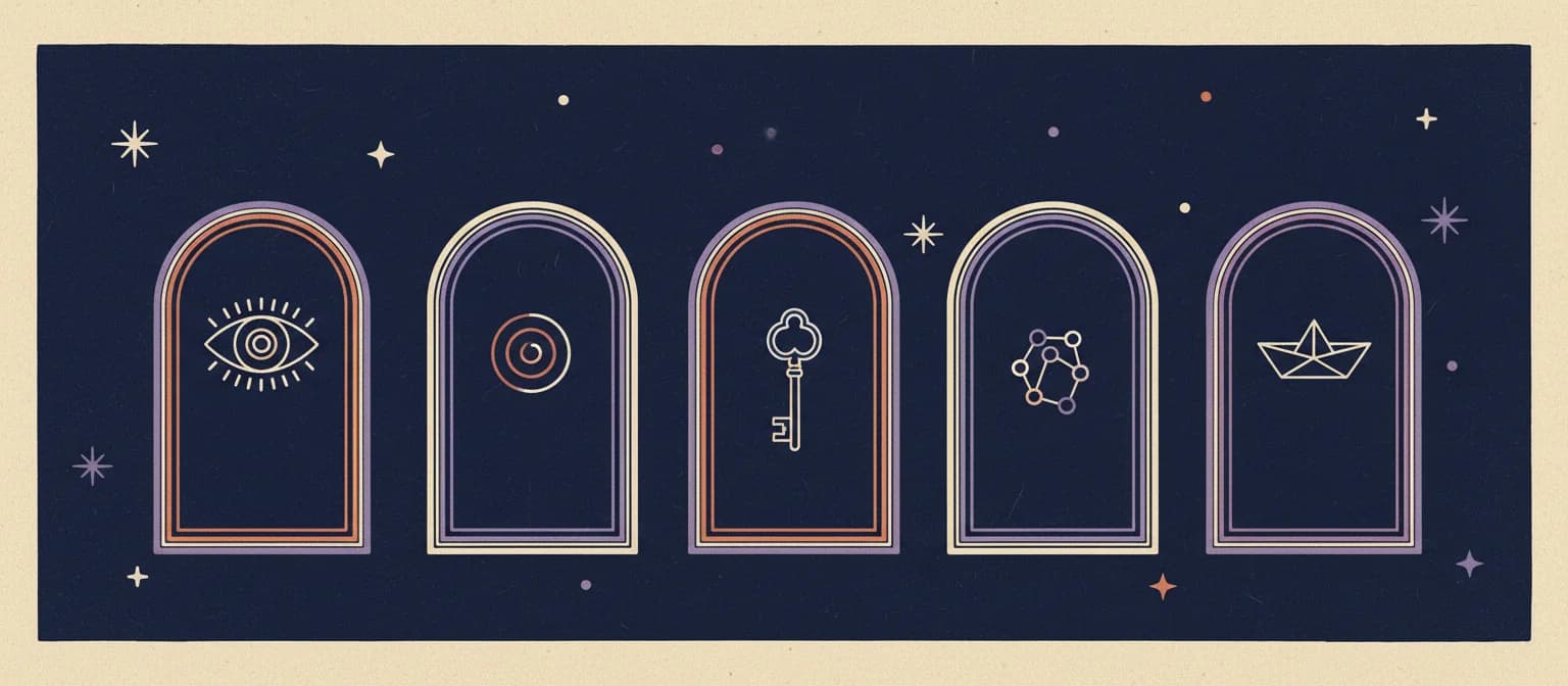 Five arched windows drawn in thin linework on a navy night sky, each holding one dream motif: an eye, a spiral, a key, a network, a paper boat